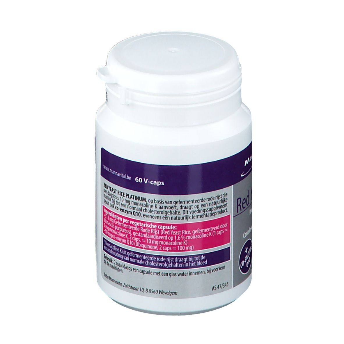 Flacon blanc avec étiquette rouge. Inscription: Red Yeast Rice Platinum. 60 V-caps. Ingrédients.