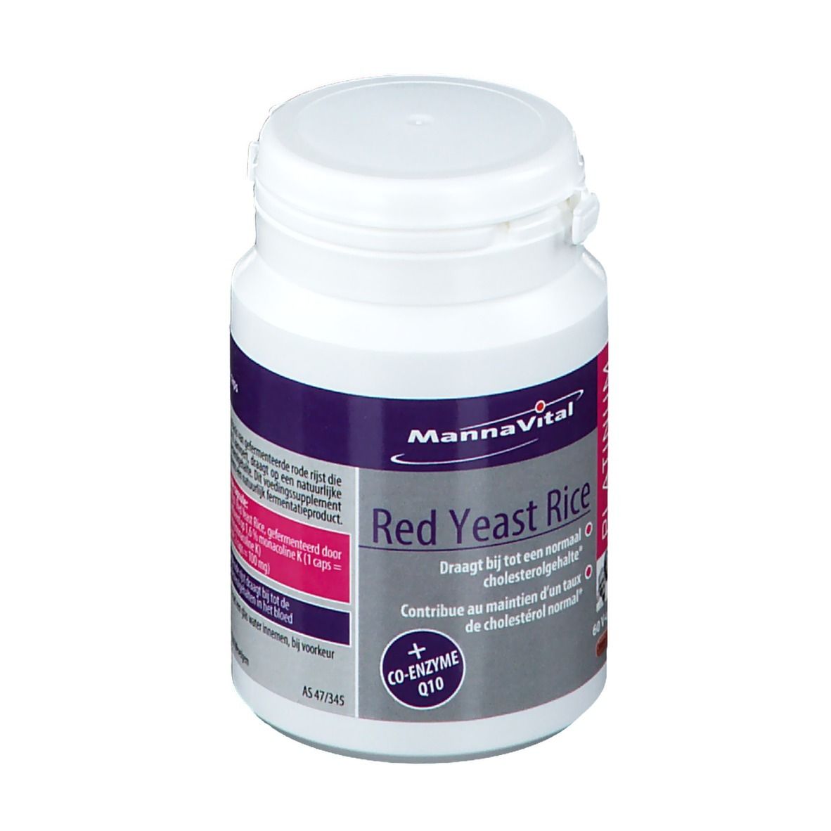 Flacon blanc avec étiquette rouge. Inscription: MannaVital Red Yeast Rice. 60 V-caps. Co-enzyme Q10.