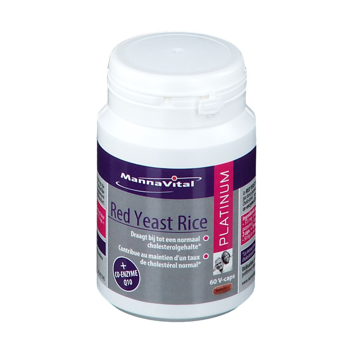 Flacon blanc avec étiquette rouge. Inscription: MannaVital Red Yeast Rice Platinum. 60 V-caps.