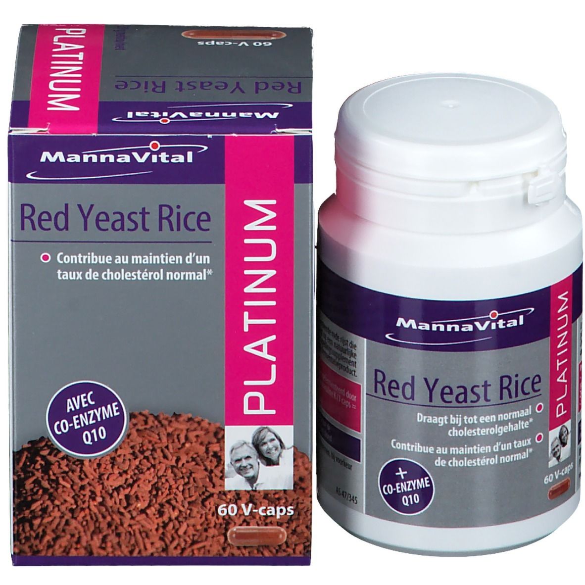 Emballage et flacon. Inscription: MannaVital Red Yeast Rice Platinum. 60 V-caps. Avec co-enzyme Q10.