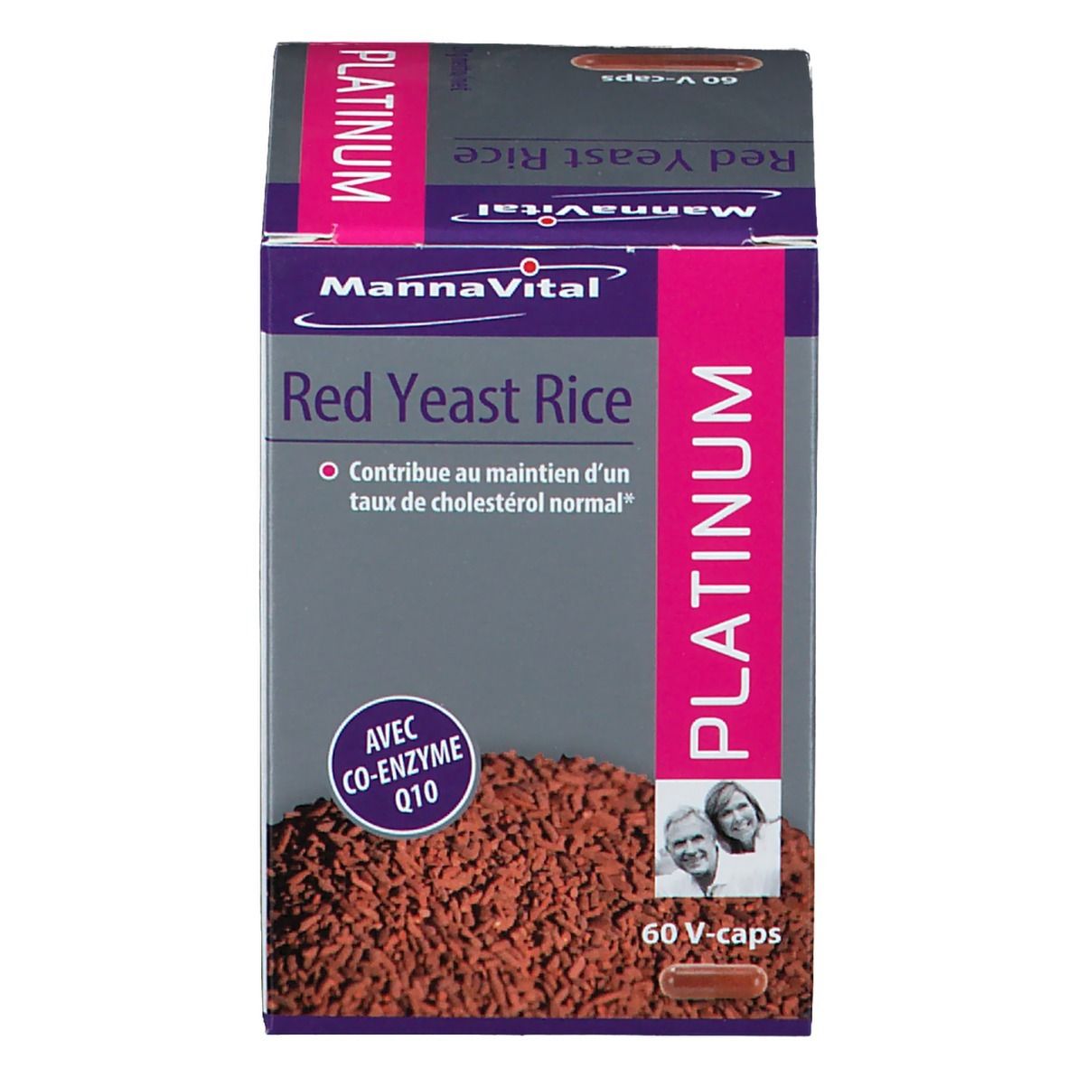 Emballage. Inscription: MannaVital Red Yeast Rice Platinum. 60 V-caps. Avec co-enzyme Q10. Photo de personnes.