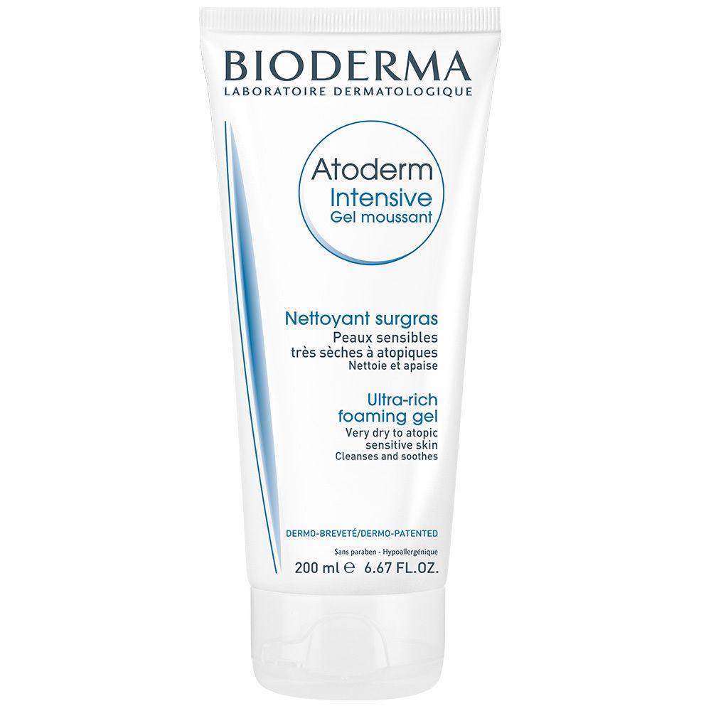 Tube blanc BIODERMA Atoderm Intensive. Texte: Ultra-rich foaming gel, pour peaux très sèches à atopiques. 200 ml.