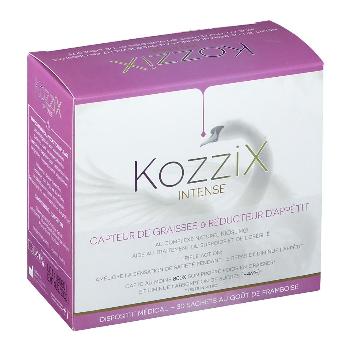 Boîte Kozzix Intense, rose et blanche, avec logo cygne. Inscriptions en français.  'Capteur de graisses & réducteur d'appétit'.