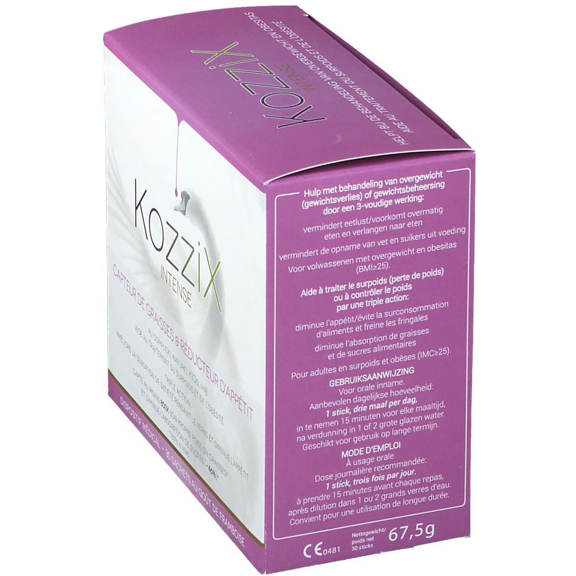 Boîte Kozzix Intense, rose et blanche. Texte en néerlandais. 'Hulp met behandeling van overgewicht'.  Informations produit.