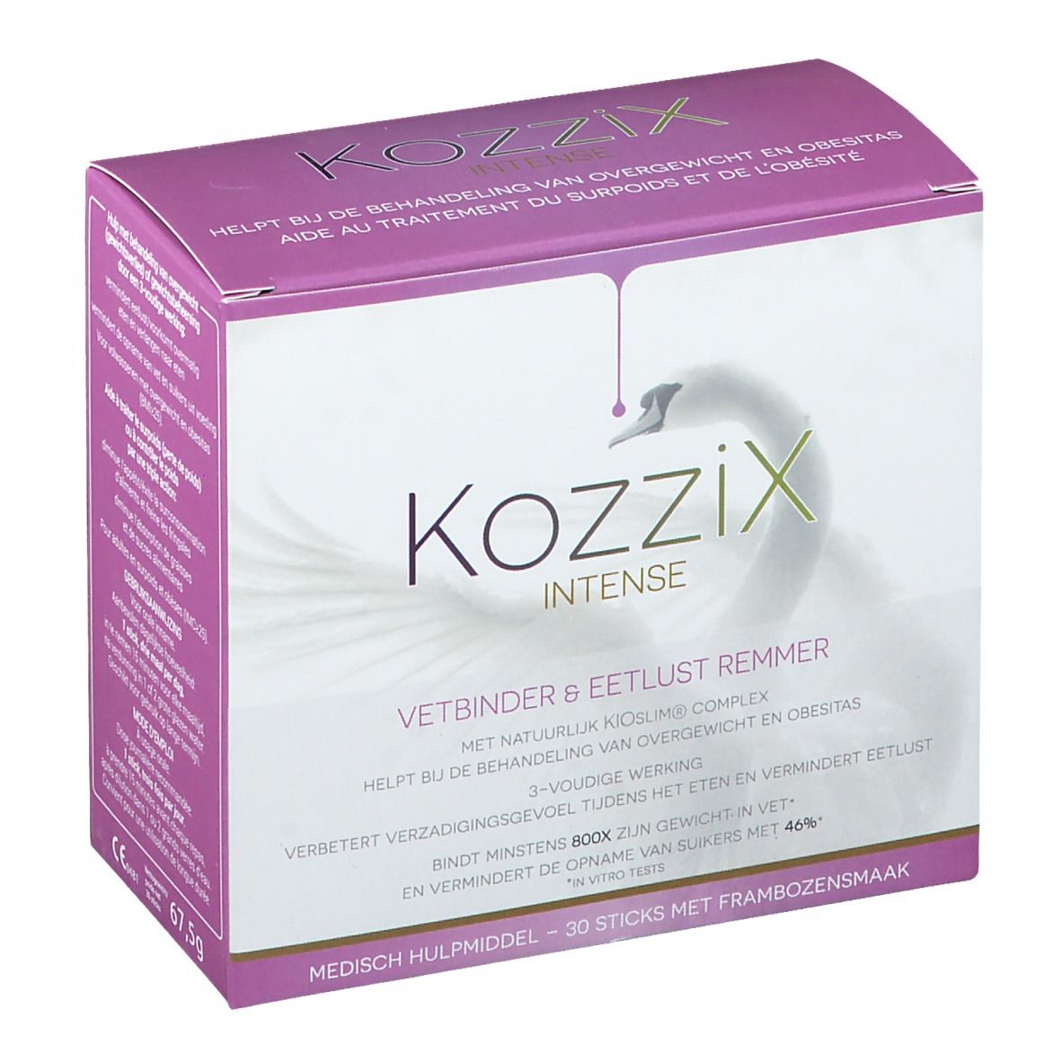 Boîte Kozzix Intense, rose et blanche. Texte en néerlandais. 'Vetbinder & eetlust remmer'. 30 sticks.