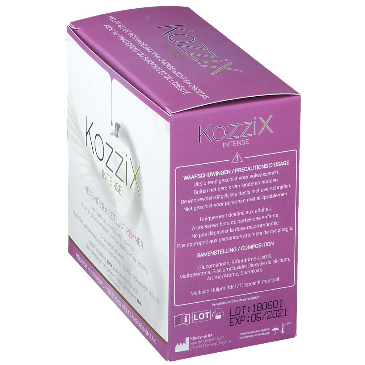 Boîte Kozzix Intense, rose et blanche. Texte en néerlandais. 'Waarschuwingen/precautions d'usage'. Ingrédients.