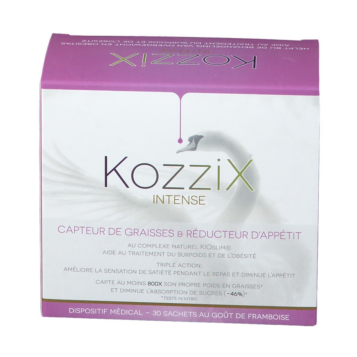 Boîte Kozzix Intense, rose et blanche, avec logo cygne. Inscriptions en français.  'Capteur de graisses & réducteur d'appétit'.