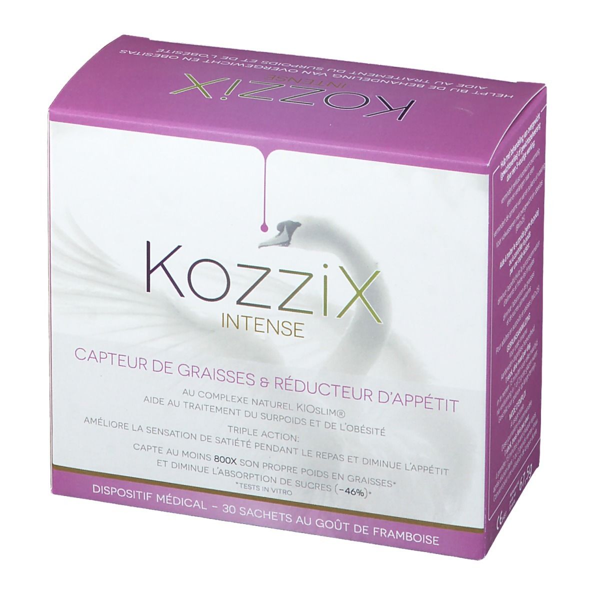 Boîte Kozzix Intense, rose et blanche, avec logo cygne. Inscriptions en français.  'Capteur de graisses & réducteur d'appétit'.