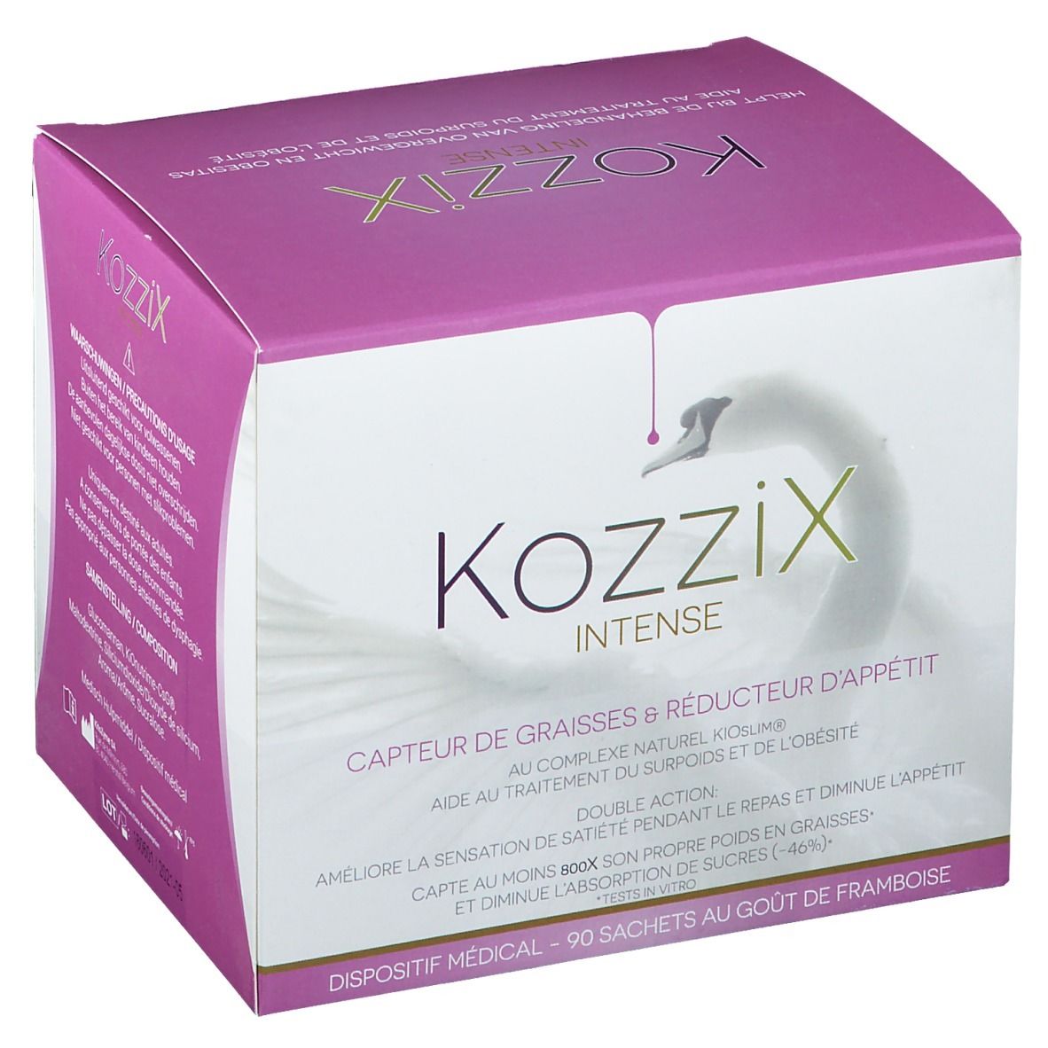 Boîte Kozzix Intense. Design rose et blanc avec nom du produit et logo cygne. Contient 90 sachets.