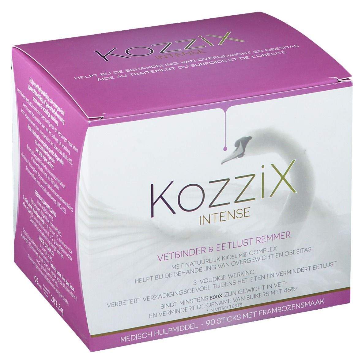 Boîte Kozzix Intense. Design rose et blanc avec nom du produit et logo cygne. Contient 90 sticks.