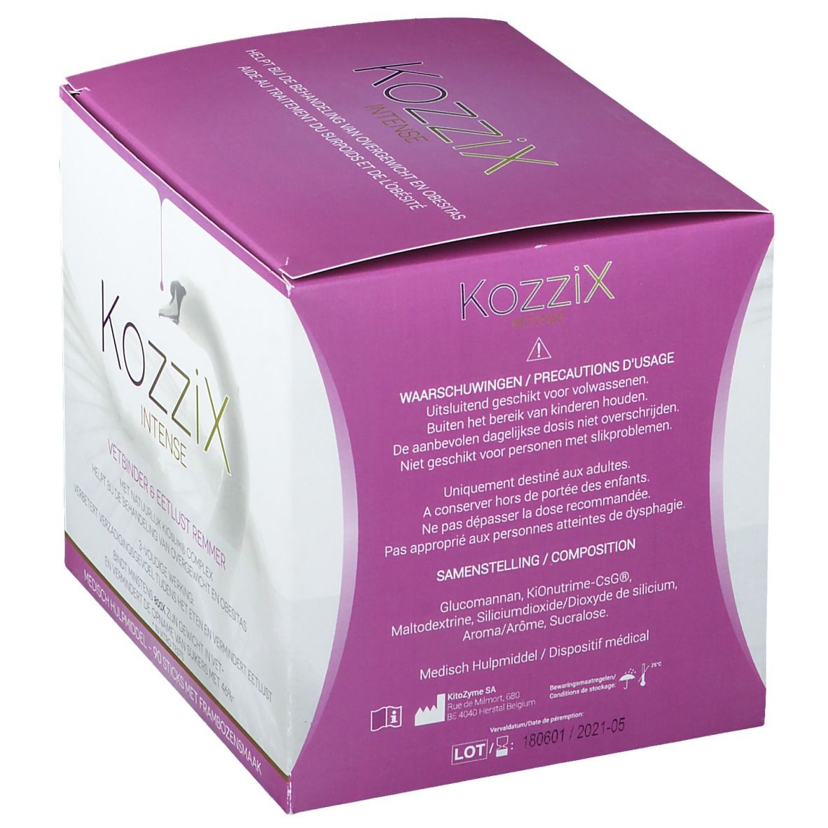 Boîte Kozzix Intense. Design rose et blanc avec nom du produit et logo cygne. Contient ingrédients et avertissements.