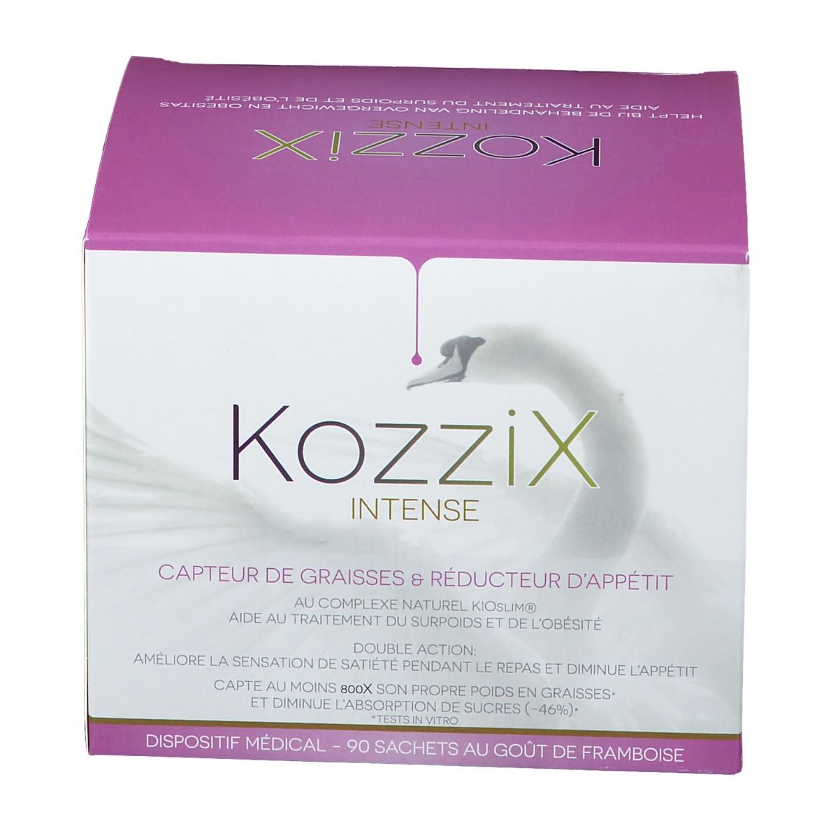 Boîte Kozzix Intense. Design rose et blanc avec nom du produit et logo cygne. Contient 90 sachets.