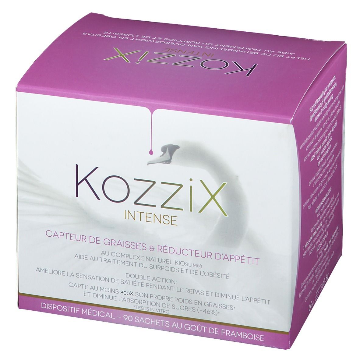 Boîte Kozzix Intense. Design rose et blanc avec nom du produit et logo cygne. Contient 90 sachets.