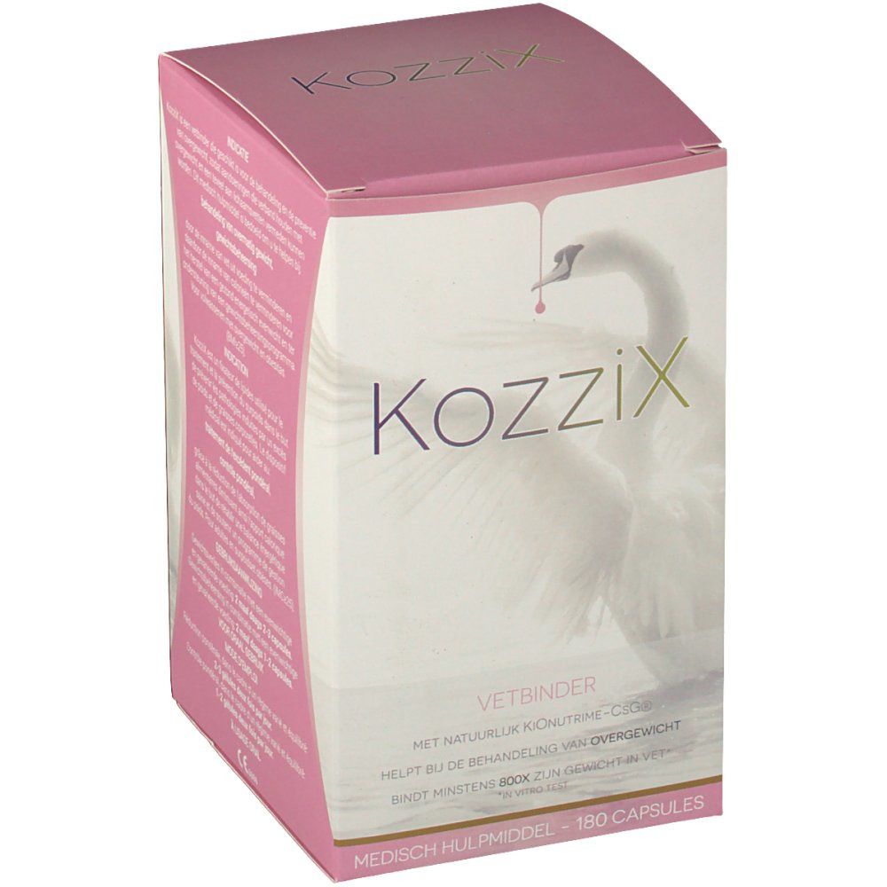 Boîte rose Kozzix avec logo et illustration de cygne. Texte : "Vetbinder", "180 capsules".