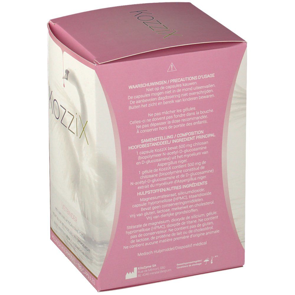 Dos de la boîte Kozzix. Texte : Avertissements, ingrédients, "Medisch hulpmiddel".