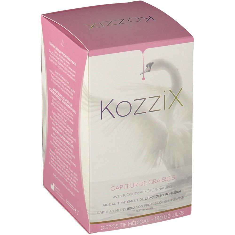 Boîte Kozzix avec logo et illustration de cygne. Texte : "Capter de graisses", "180 gélules".