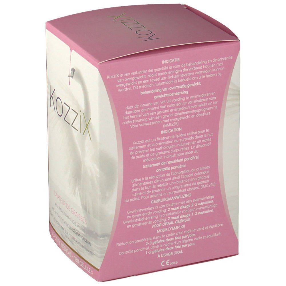 Boîte Kozzix avec texte : Indications, posologie, "Medisch hulpmiddel".