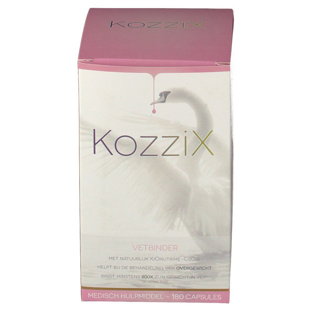Boîte Kozzix avec logo et illustration de cygne. Texte : "Vetbinder", "180 capsules".