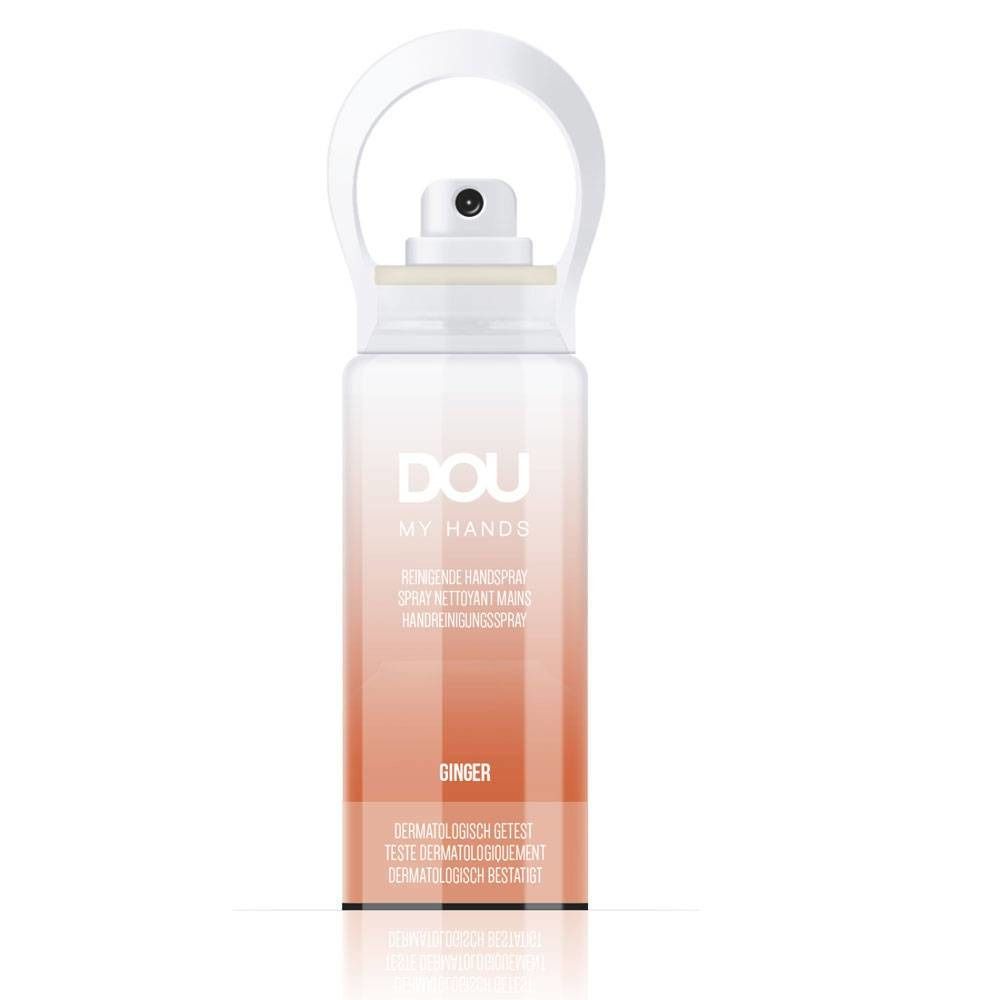 Spray nettoyant pour les mains avec tête de pulvérisation et poignée blanches. Inscription : DOU MY HANDS, Ginger. Testé dermatologiquement.