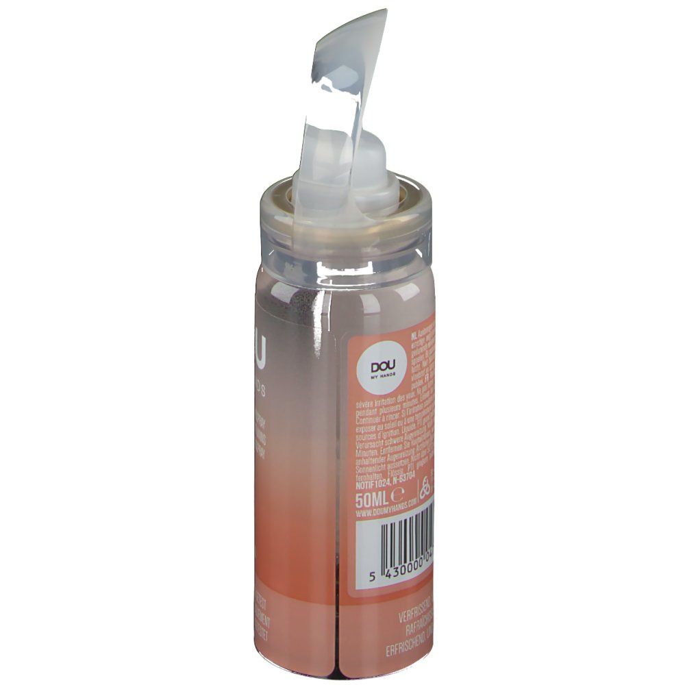 Spray nettoyant pour les mains, flacon transparent avec pulvérisateur. Inscription : DOU MY HANDS, 50ml. Code-barres.