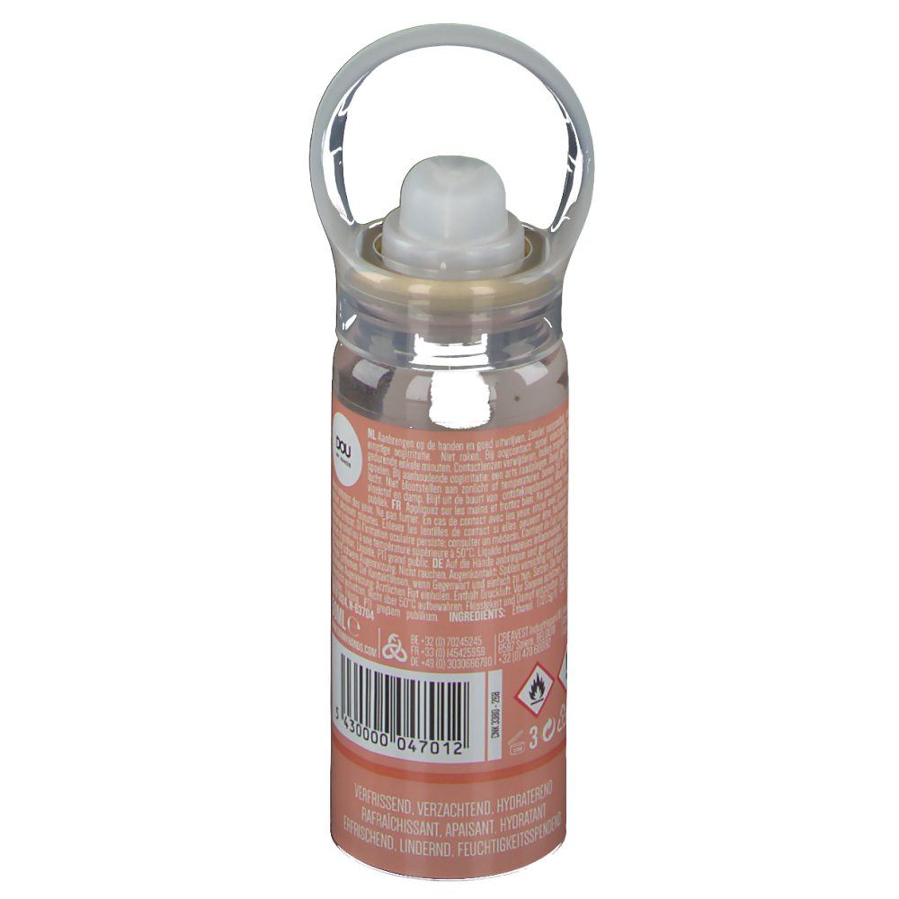 Spray nettoyant pour les mains, flacon transparent avec pulvérisateur et poignée. Inscription : DOU MY HANDS. Code-barres.
