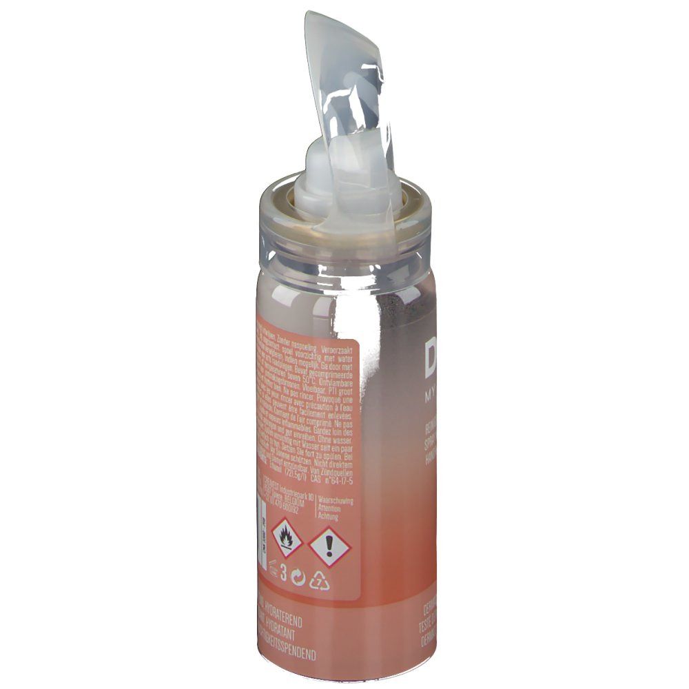 Spray nettoyant pour les mains, flacon transparent avec pulvérisateur. Inscription : DOU MY HANDS. Avertissements.