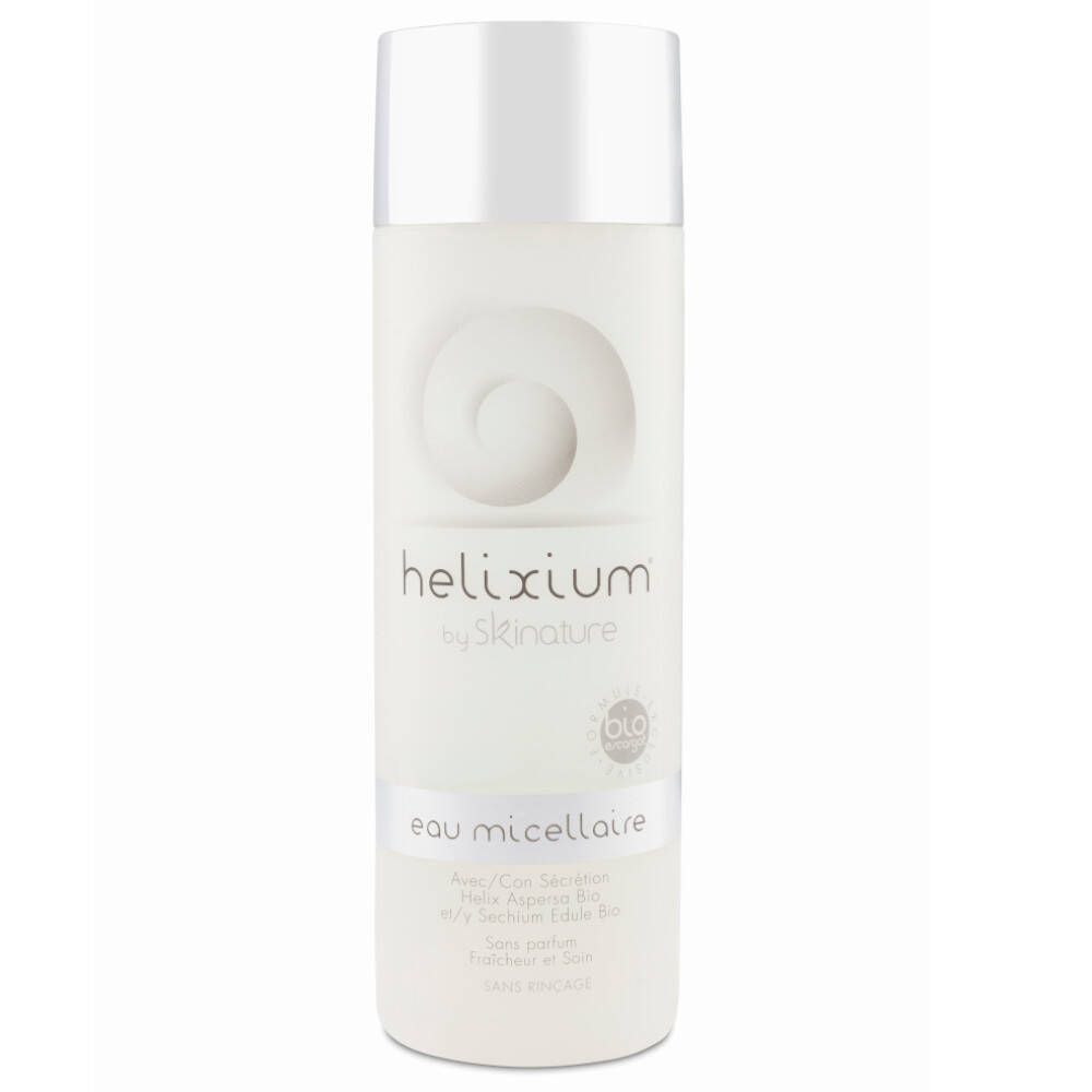 Flacon blanc helixium® Bio Mizellenwasser. Logo et texte. Bouchon et fermeture argentés. Label bio.