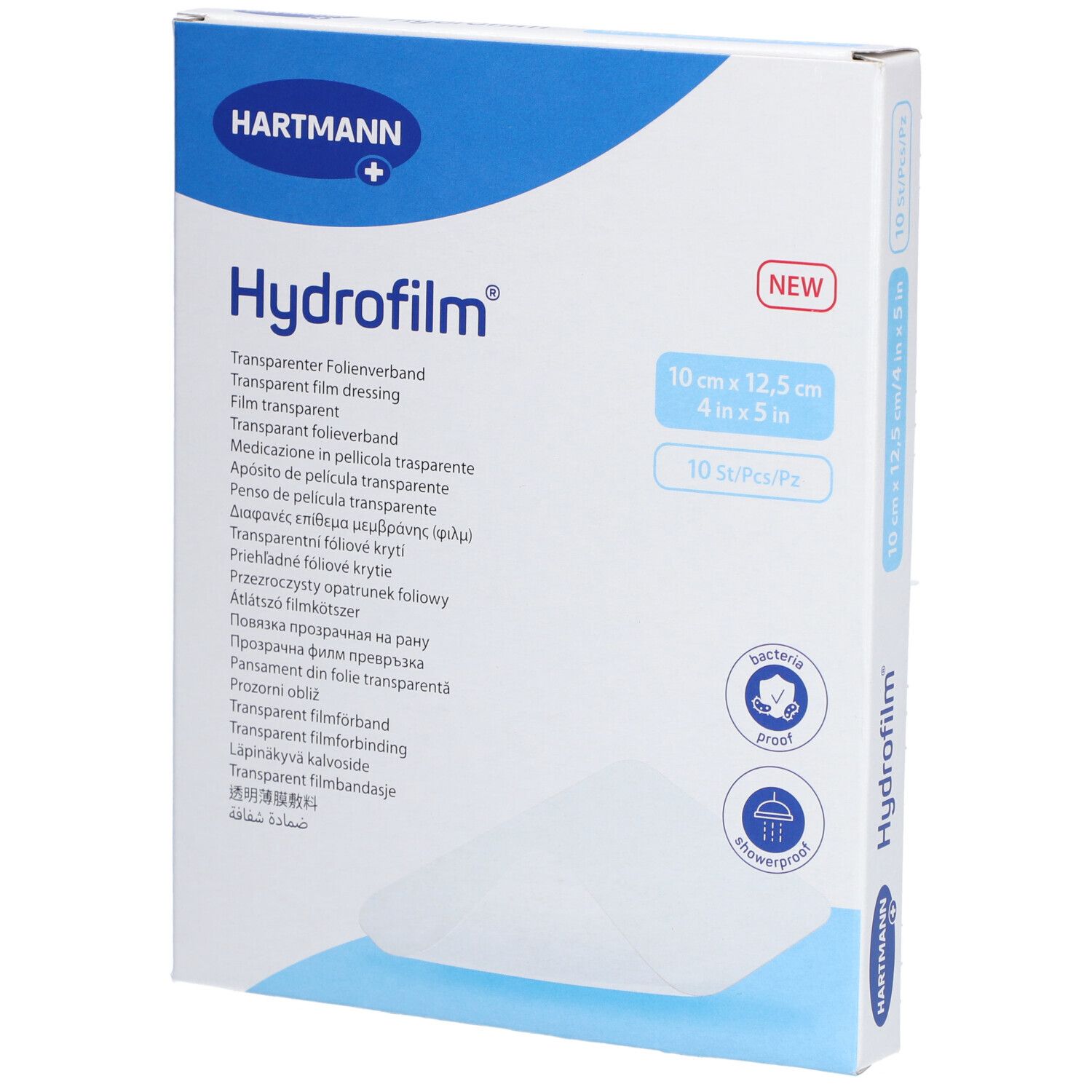 Emballage Hartmann Hydrofilm®. 10 cm x 12,5 cm, 10 pièces. Pansement film transparent. Logo et nom du produit visibles.