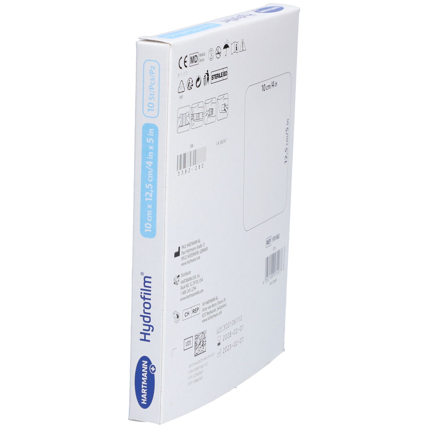 Emballage Hartmann Hydrofilm®. 10 cm x 12,5 cm, 10 pièces. Vue latérale avec nom du produit et dimensions.