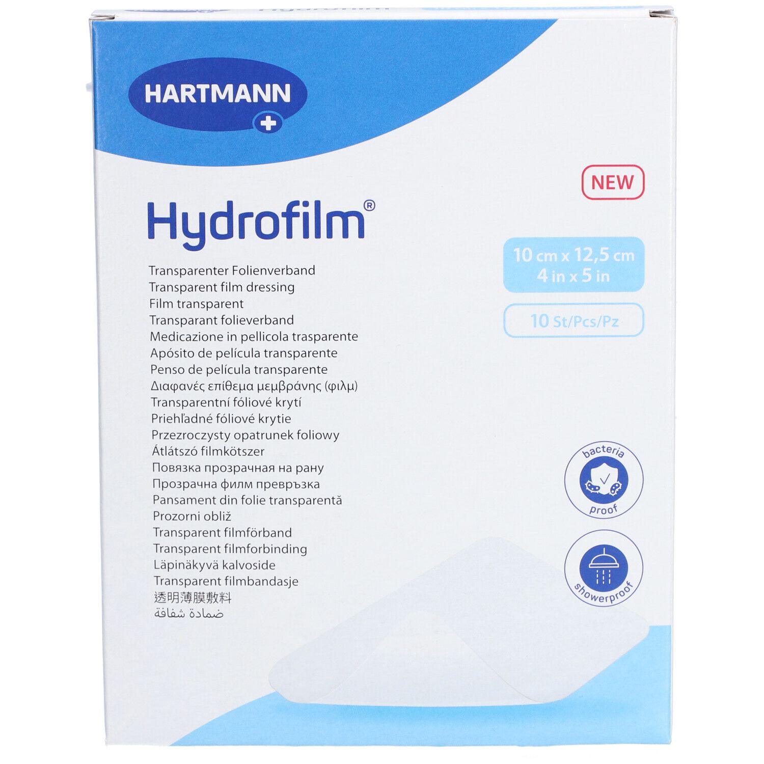 Emballage Hartmann Hydrofilm®. 10 cm x 12,5 cm, 10 pièces. Pansement film transparent. Logo et nom du produit visibles.