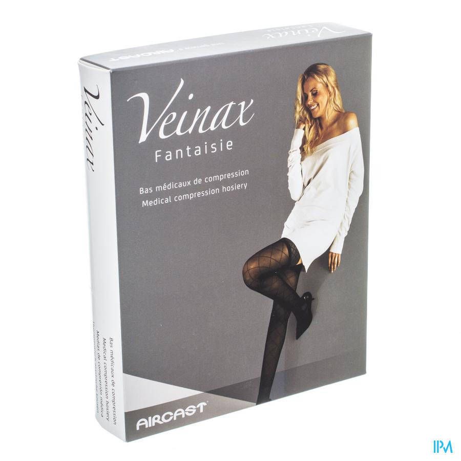 Boîte de bas de compression Veinax Fantaisie. Image d'une femme portant des bas noirs à motifs losanges. Inscription en anglais et français.