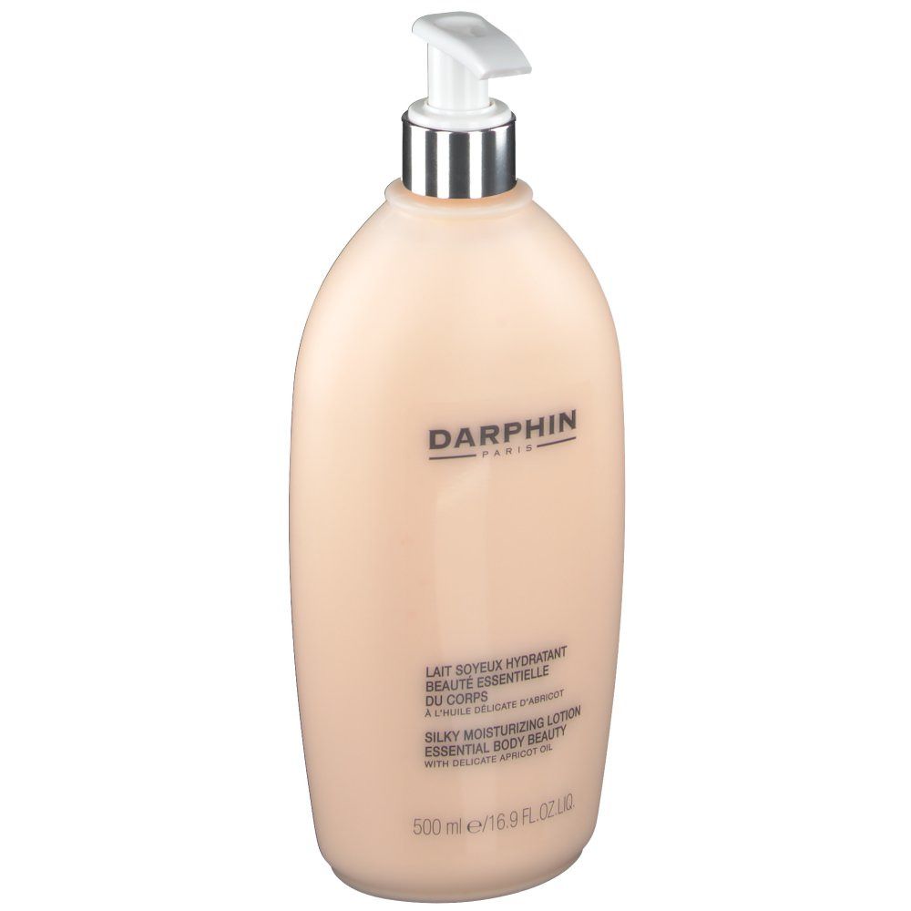Flacon beige avec pompe. Inscription: DARPHIN PARIS, Silky Moisturizing Lotion, 500 ml.