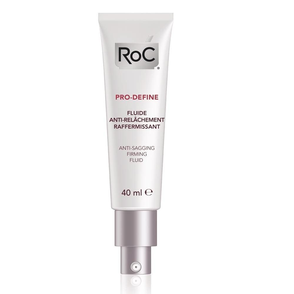 Tube blanc avec bouchon argenté. Inscriptions: RoC, PRO-DEFINE, Fluide Anti-Relâchement Raffermissant, Anti-Sagging Firming Fluid. 40 ml.