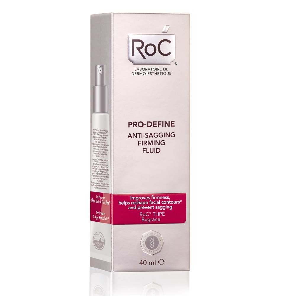 Emballage du produit, blanc avec image et texte. Inscriptions: RoC, PRO-DEFINE, Anti-Sagging Firming Fluid. 40 ml.