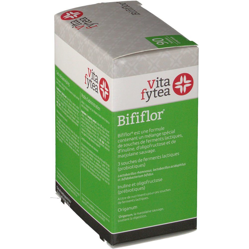 Boîte Bififlor. Logo Vita fytea. Contient ferments lactiques, inuline, oligofructose. 3 souches.