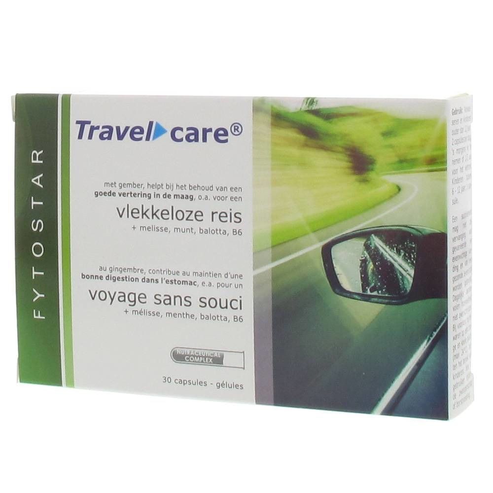 Boîte de produit Travel care®. Inscriptions en néerlandais et français. Contient 30 gélules. Marque FYTOSTAR.