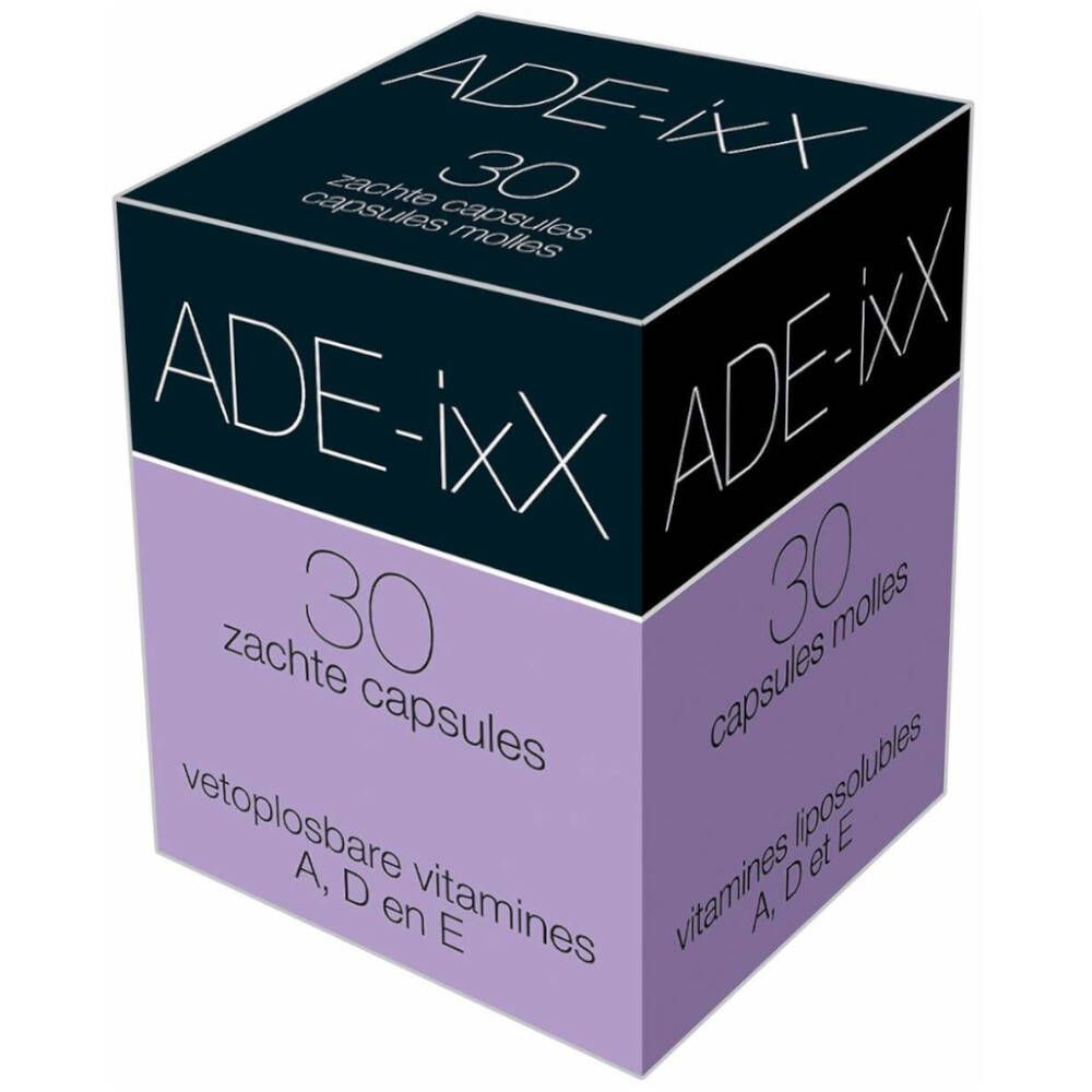 Boîte ADE-ixx, 30 capsules. Couvercle noir, partie inférieure violette. Contient des vitamines A, D, E.