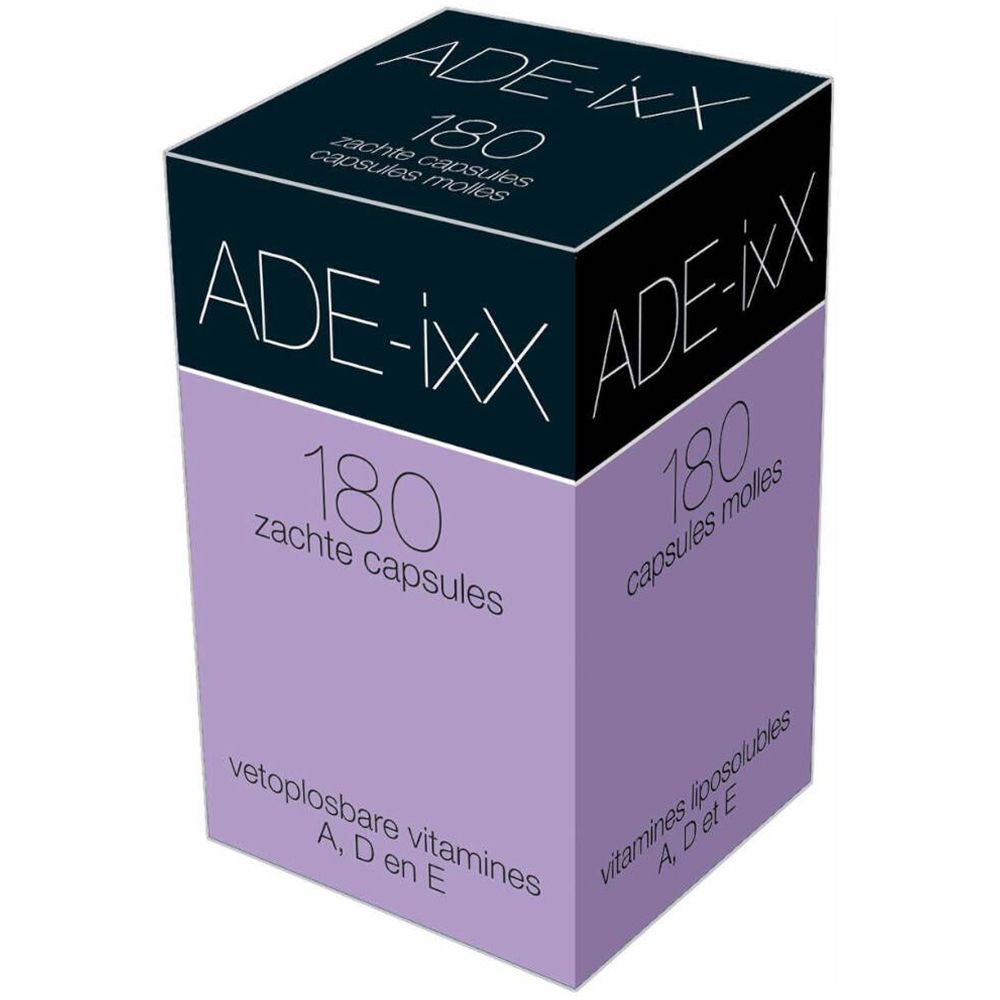 Boîte ADE-ixx. Inscription: 180 capsules molles, vitamines liposolubles A, D et E.