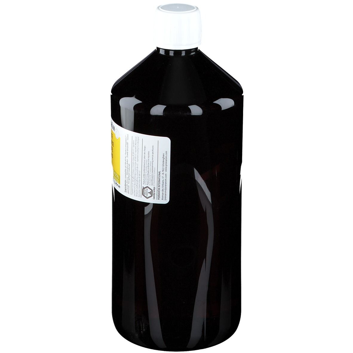 Flacon brun avec bouchon blanc. Étiquette avec informations produit. Flacon debout.