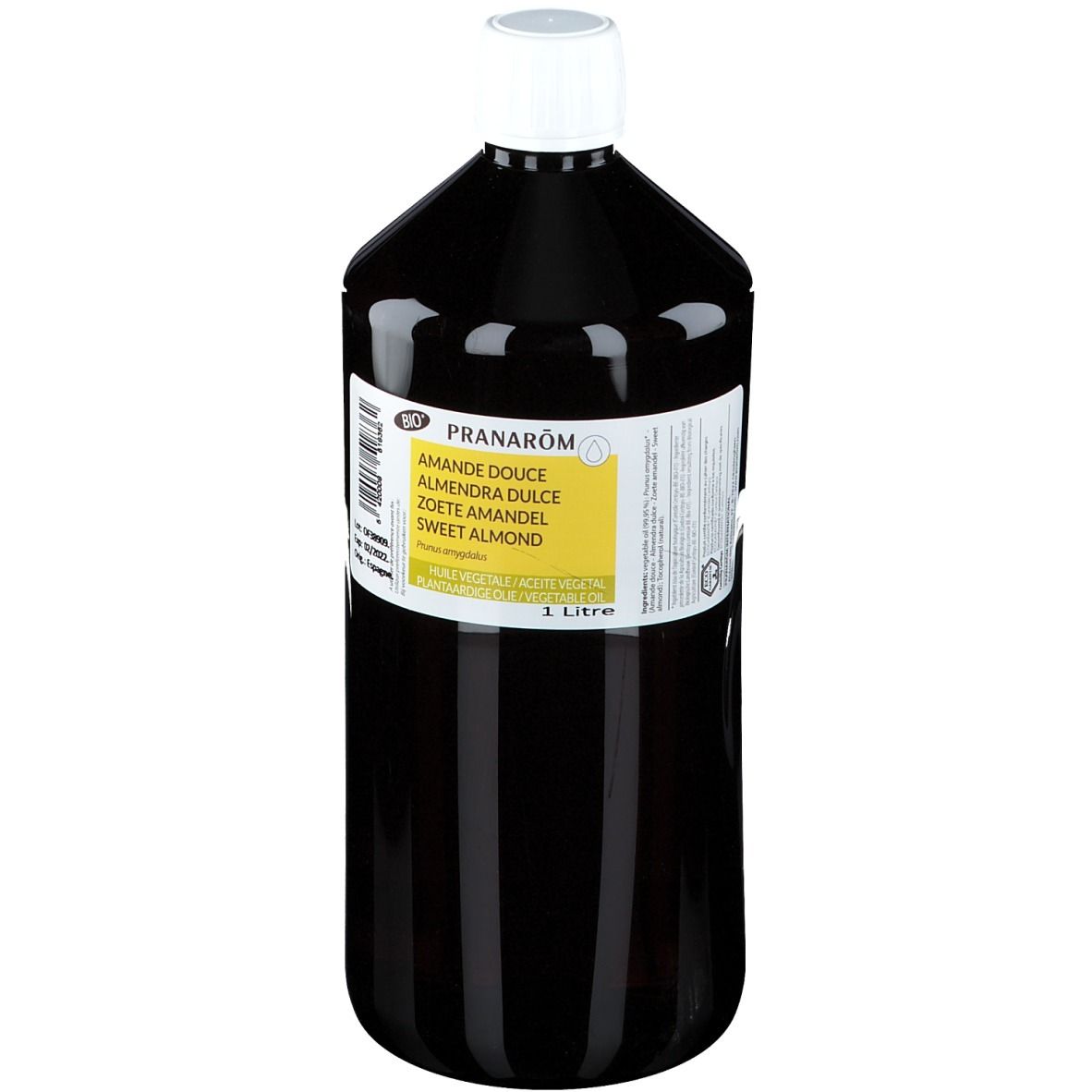 Flacon brun avec bouchon blanc. Étiquette avec nom du produit et ingrédients. 1 litre.