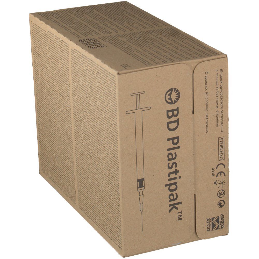 Boîte de BD Plastipak™. Impression d'une seringue. Inscription : Stérile EO, marquage CE. Emballage du produit.
