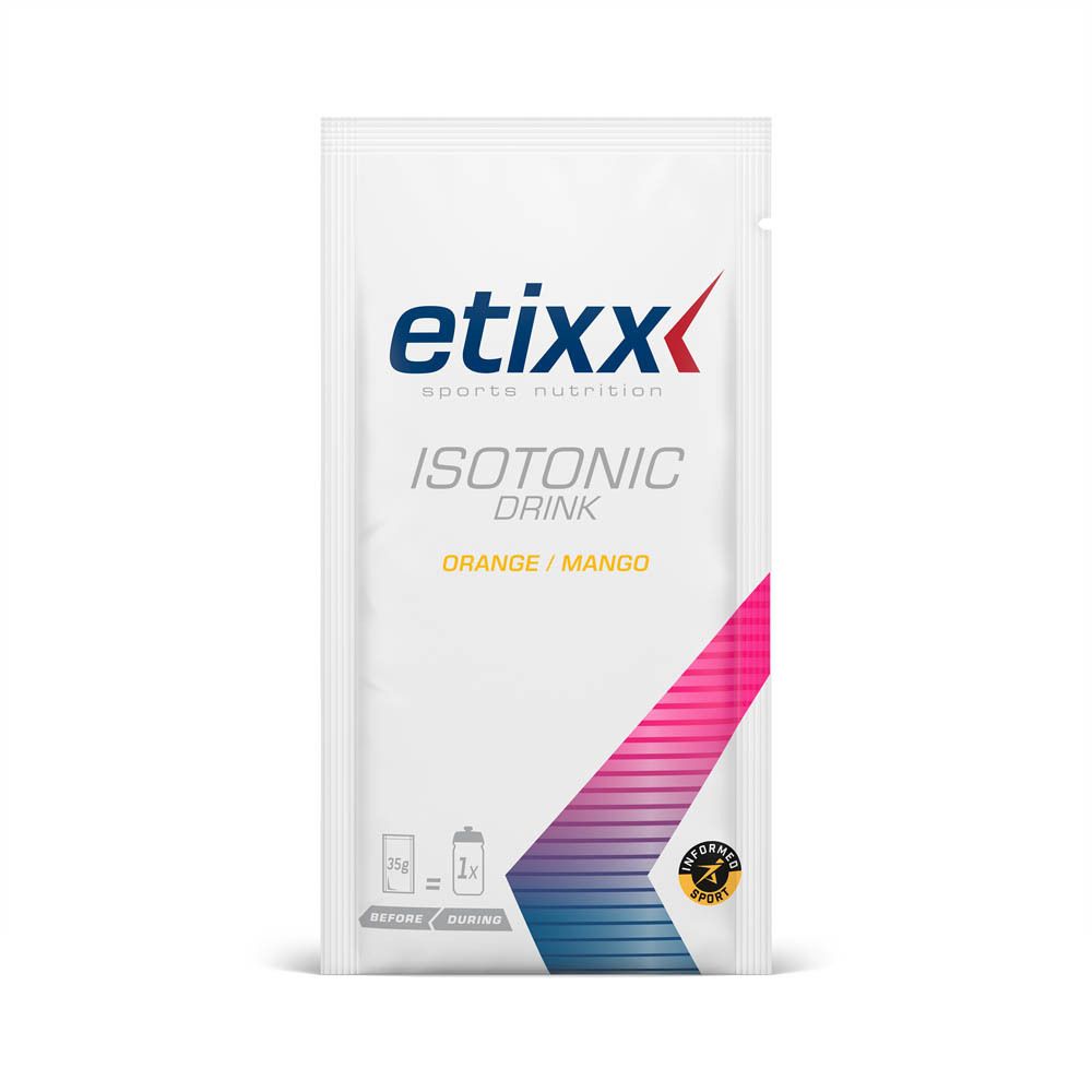 Sachet Etixx Isotonic Drink. Orange/Mangue. Sachet blanc avec logo et nom du produit. Contient 25g.