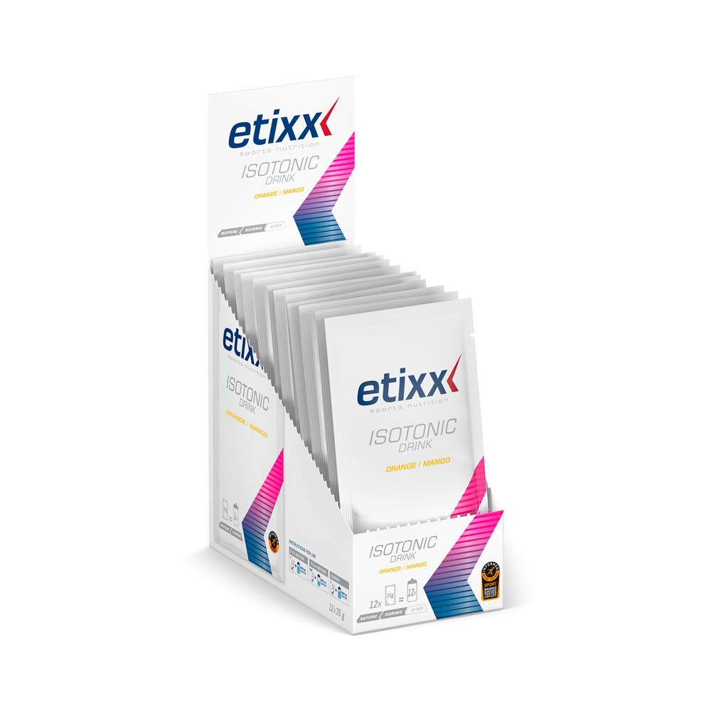 Sachets Etixx Isotonic Drink dans présentoir. Orange/Mangue. Boîte avec plusieurs sachets. Logo et nom du produit visibles.