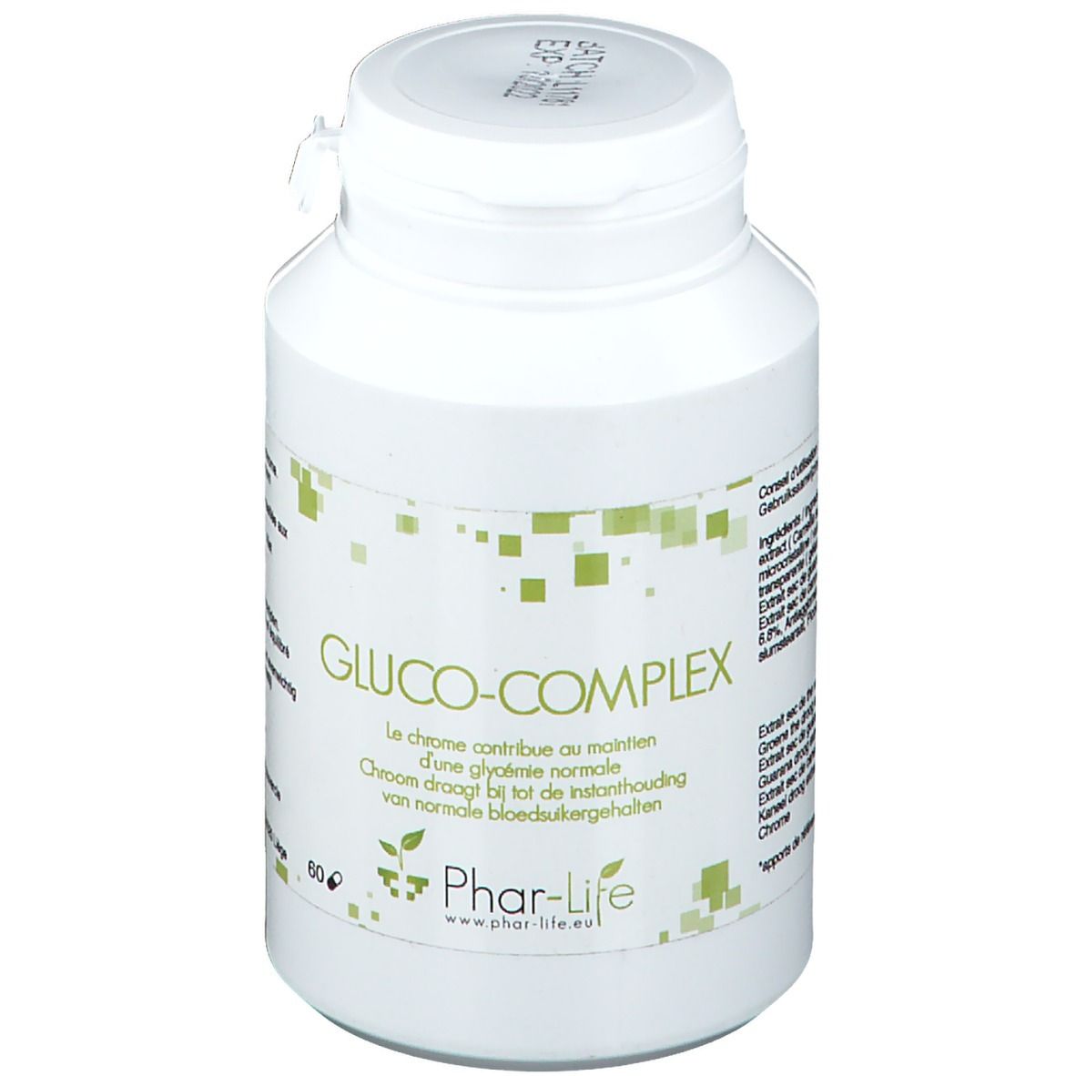 Flacon blanc Phar Life Gluco-Complex. Inscription: Gluco-Complex, Phar-life.eu. Décor carré vert.