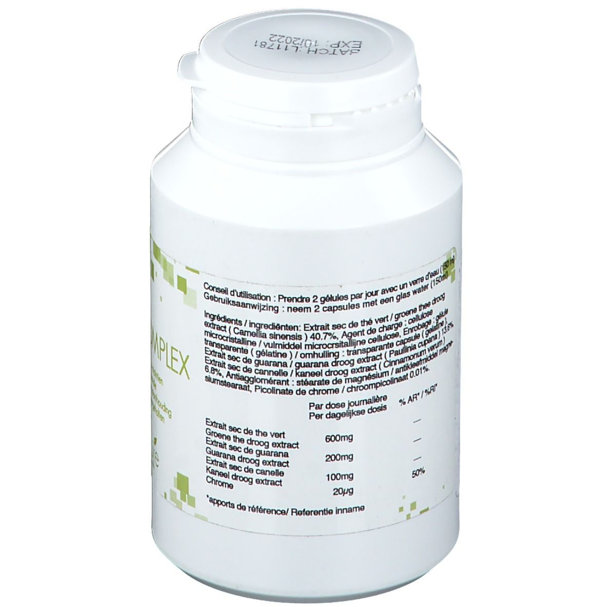 Flacon blanc Phar Life Gluco-Complex. Inscription: Ingrédients, extrait, chrome. Décor carré vert.