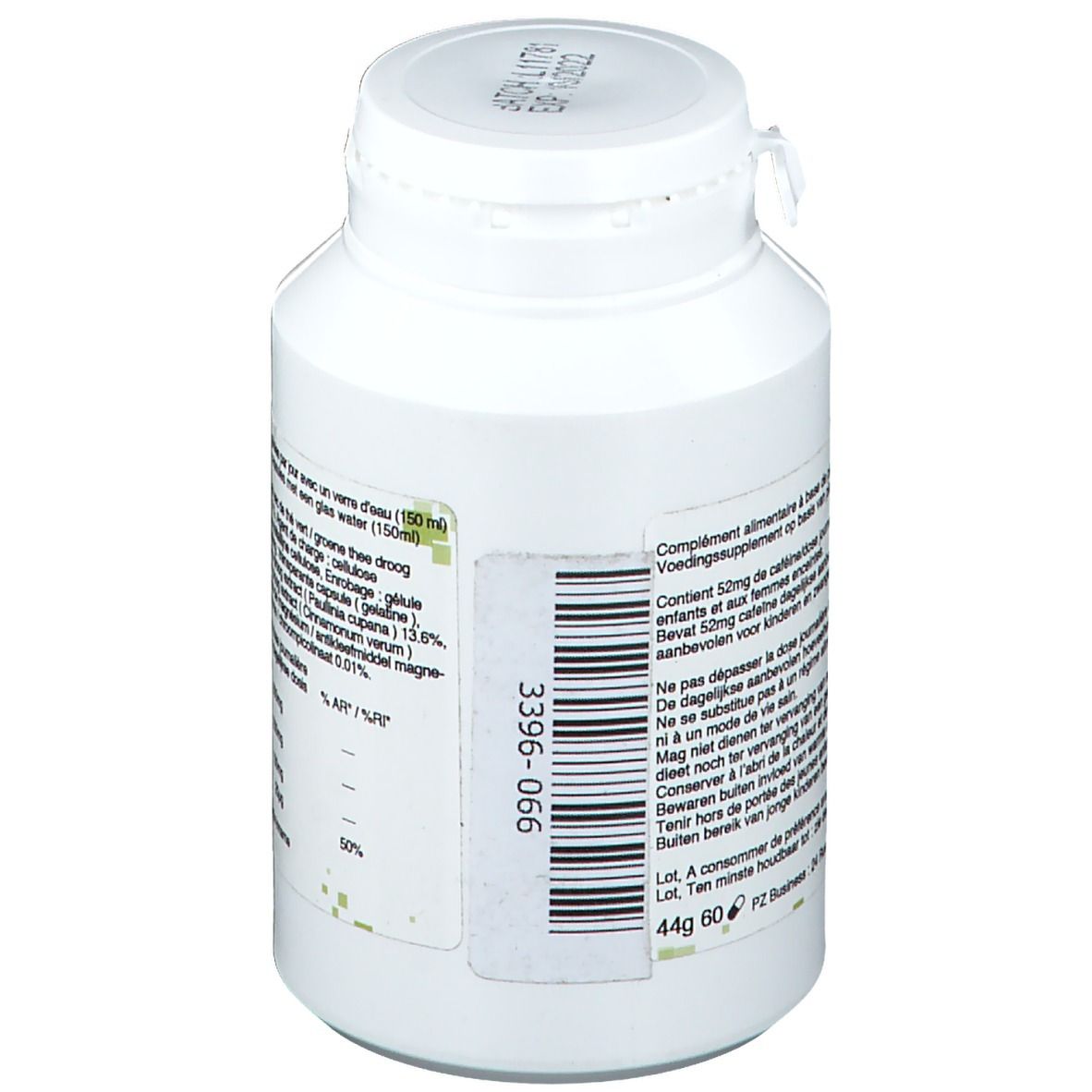 Flacon blanc Phar Life Gluco-Complex. Inscription: 3396-066, 44g 60. Code-barres. Décor carré vert.