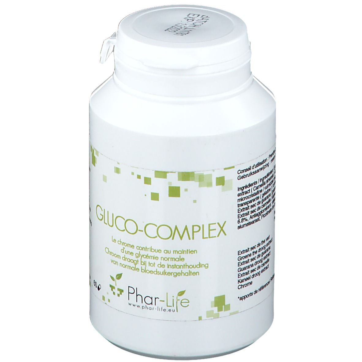 Flacon blanc Phar Life Gluco-Complex. Inscription: Gluco-Complex, Phar-life.eu. Décor carré vert.