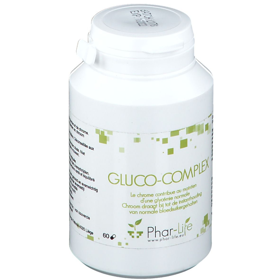 Flacon blanc Phar Life Gluco-Complex. Inscription: Gluco-Complex, Phar-life.eu. Décor carré vert.
