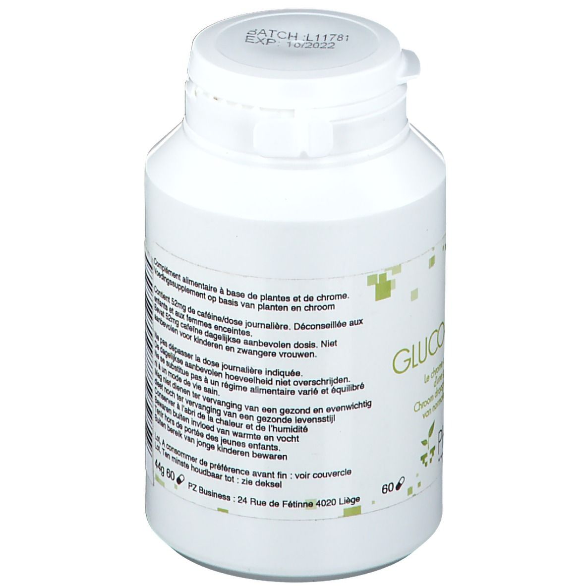Flacon blanc Phar Life Gluco-Complex. Inscription: Complément alimentaire, 60 gélules. Décor carré vert.