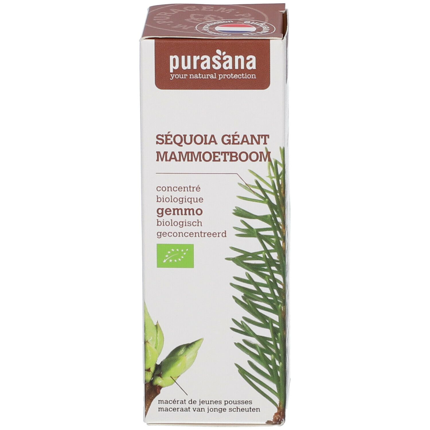 Emballage blanc avec accents marron. Texte: Séquoia Géant, gemmo, Purasana. Certification bio. Illustration de branches.